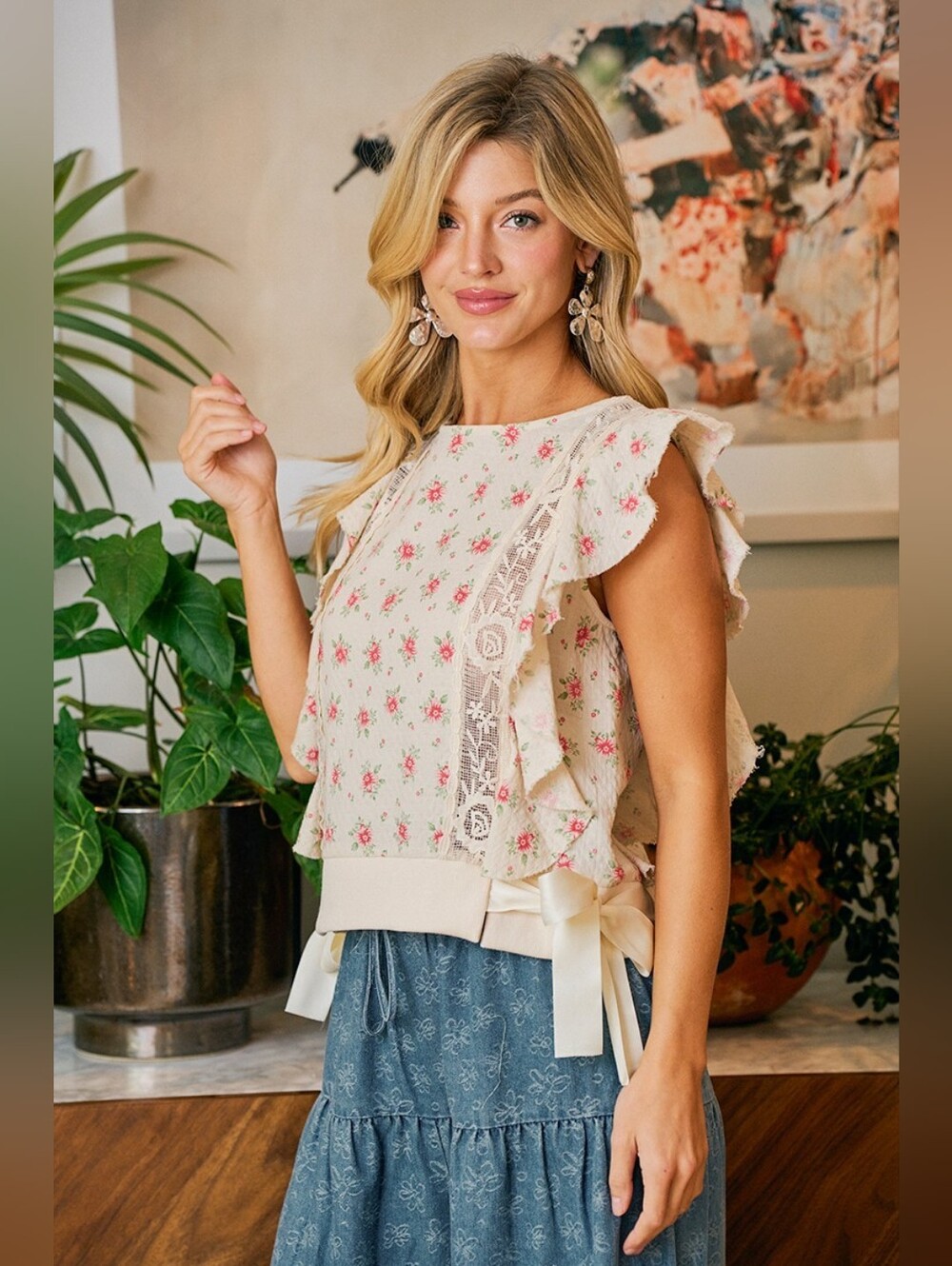 BiBi Flower Printed Ruffle Sleeve Trim Lace Detail Top- Red Flower - Picture 5 of 11